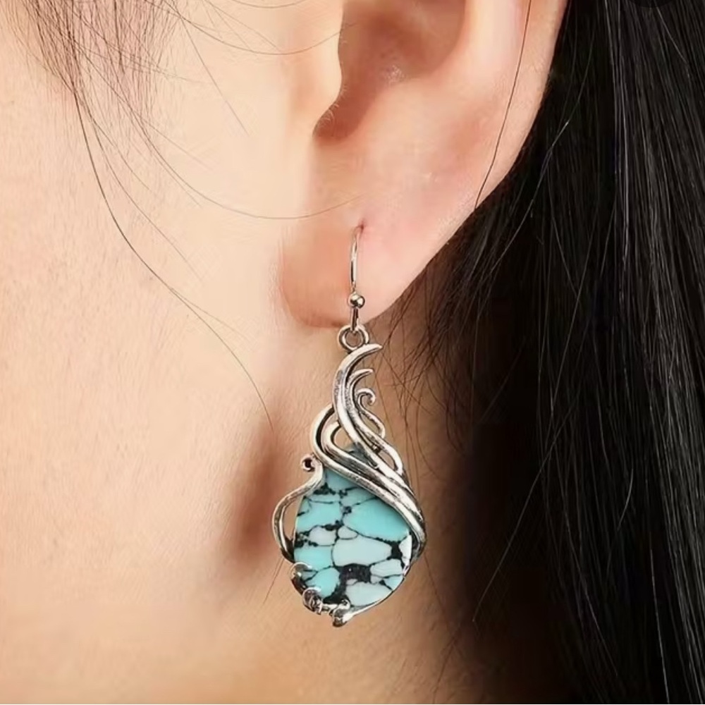 Southwestern Bohemian Silver and Turquoise Dangle Teardrop Earrings NWT